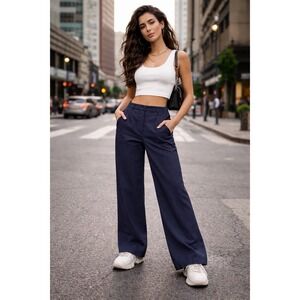 Ralph Lauren Women's Navy Dress Pants Size 8 Tailored Wide-Leg Trousers 32x33